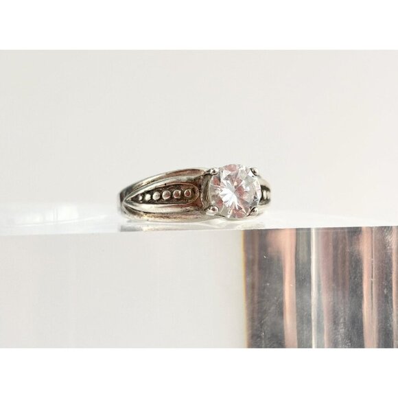 Bead Designed Sterling Silver Cubic Zirconia (M) Stamped 925 Vintage Ring - sz 7 - Picture 2 of 10